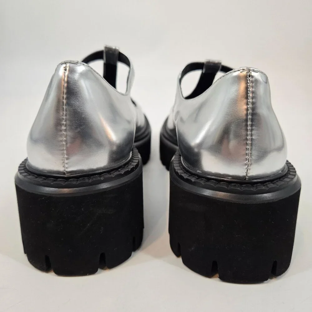 Anthro Bibi Lou Cathy Silver Chunky T-Strap Mary Janes Women's Size US 9 EU 39